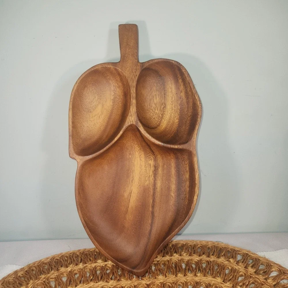 Lot of 2 Vintage Wooden Serving Trays | Leaf Shape Divided Snack Trays MCM